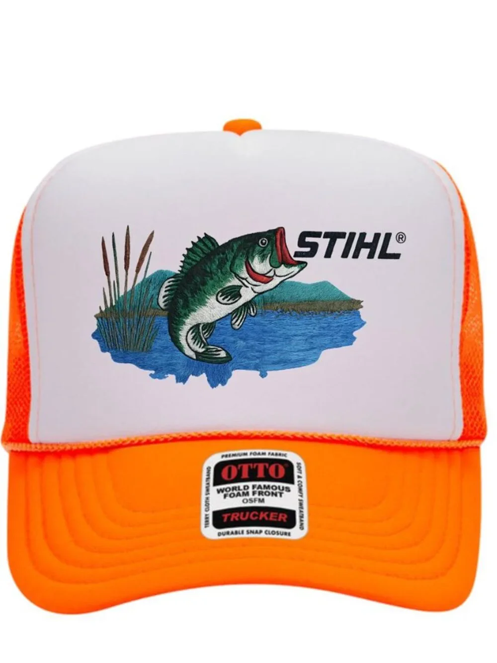 Retro Largemouth Bass Fishing Foam Trucker Hat Orange White Cap Reel Outdoors